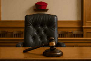 Ein Richterhammer liegt auf einem hölzernen Richtertisch, im Hintergrund steht ein Ledersessel und eine rote Richterkappe – Symbolfoto für das Bundesverfassungsgericht in Deutschland.