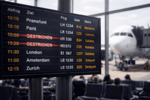 Eine Grafik die einen gecancelten Flug auf einer Infotafel in einem Flughafenterminal darstellt.
