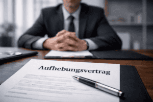 Aufhebungsvertrag auf Schreibtisch – Aufhebungsvertrag prüfen lassen im Arbeitsrecht vor Unterzeichnung
