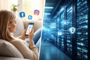 Darstellung von Meta Tracking: Eine Nutzerin verwendet Facebook auf ihrem Smartphone, während ihre Daten in einem Rechenzentrum verarbeitet werden – möglicher DSGVO-Datenschutzverstoß.