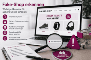 Fake-Shop erkennen: Verbraucher prüft einen Online-Shop anhand typischer Warnzeichen.