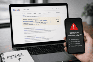 Google Ads Fake-Shop: Bezahlte Anzeige in den Suchergebnissen mit Warnhinweis vor betrügerischen Online-Shops.