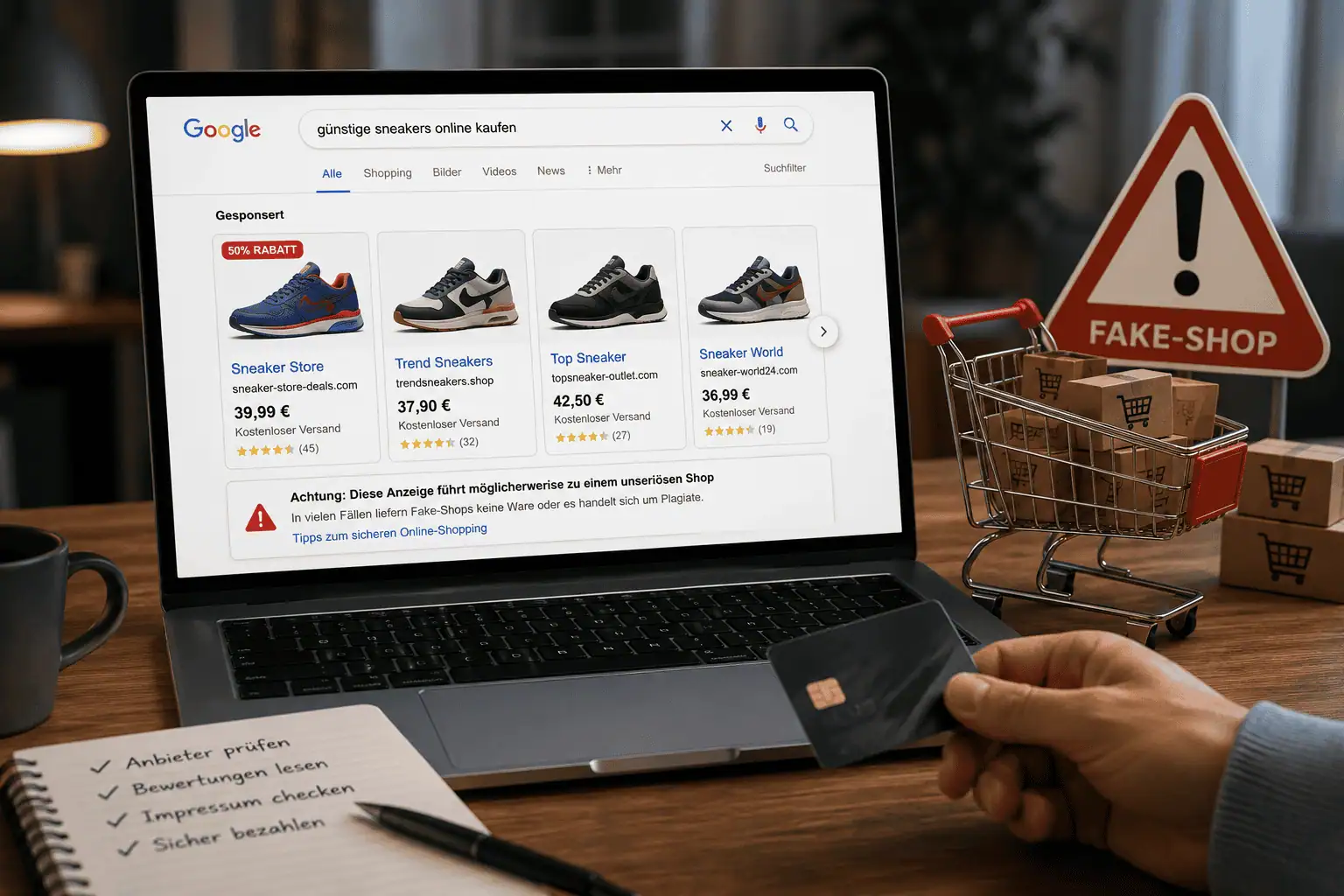 Laptop mit Suchergebnissen und Online-Angeboten zum Thema Online-Shopping sowie Symbolen für Fake-Shops und Verbraucherschutz.