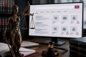 Justitia-Figur und Waage der Gerechtigkeit vor digitalen Suchergebnissen als Symbol für die Google Fake-Shop Verfahren und den digitalen Verbraucherschutz.