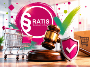 Richterhammer vor Unterlagen und Symbolen des Online-Handels als Sinnbild für das Google Fake-Shop Urteil und die Haftung für beworbene Fake-Shops.
