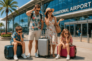 Frustrierte Familie mit Urlaubskoffern vor einer Anzeigetafel mit annulliertem Flug nach Hawaii.