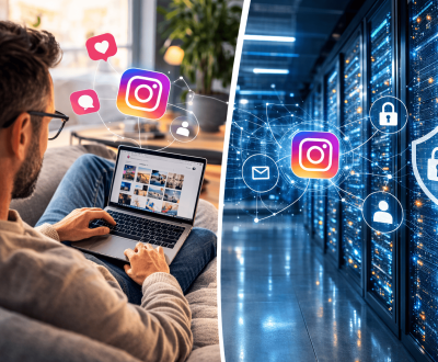 Darstellung von Instagram-Tracking: Ein Mann nutzt Instagram auf einem Notebook, während im Hintergrund Daten in einem Rechenzentrum verarbeitet werden.